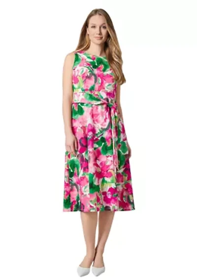 Women's Watercolor Floral Printed Scuba Crepe Fit and Flare Dress