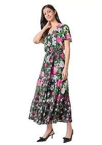 Women's Multi Floral Printed Tiered Flutter Sleeve Dress