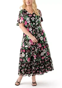 Plus Multi Floral Print Tiered Flutter Sleeve Dress