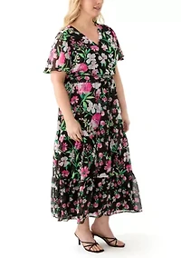 Plus Multi Floral Print Tiered Flutter Sleeve Dress