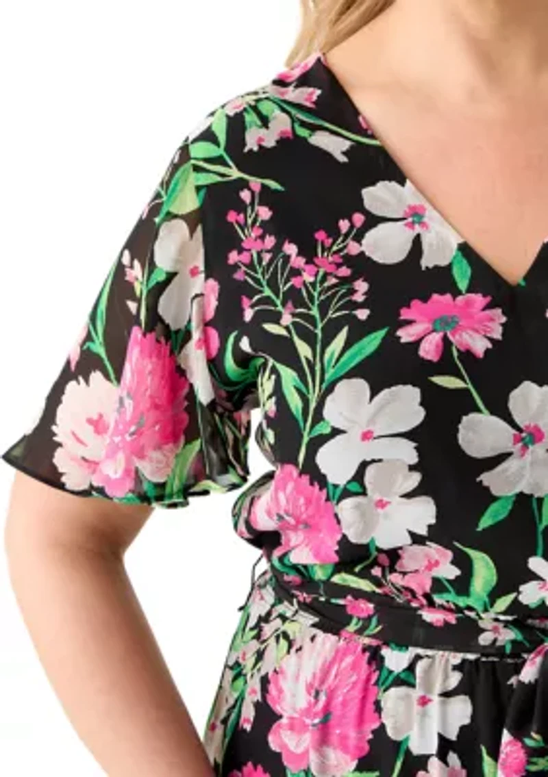Plus Multi Floral Print Tiered Flutter Sleeve Dress