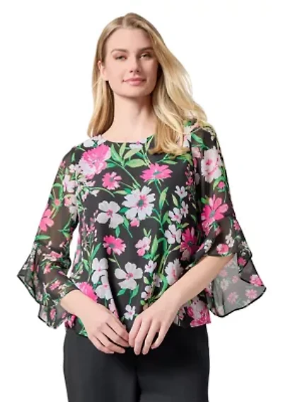 Petite Multi Floral Printed Ruffle Sleeve Blouse