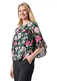 Petite Multi Floral Printed Ruffle Sleeve Blouse