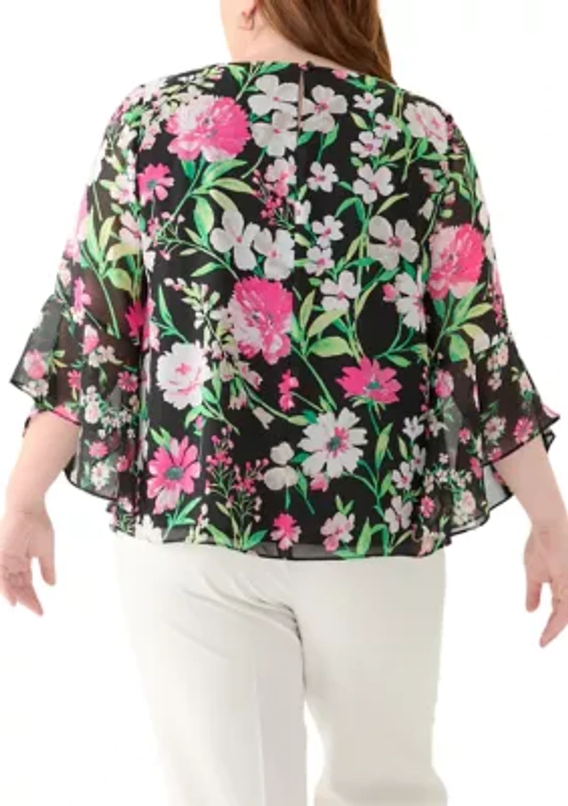 Plus Multi Floral Print Ruffle Sleeve Blouse