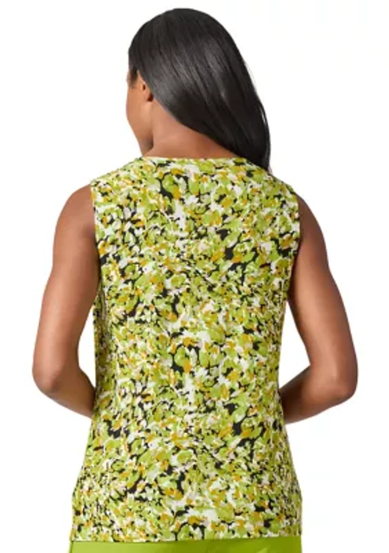 Women's Multi Print Sleeveless Pleat Neck Knit Top with Hardware