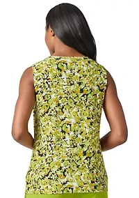 Women's Multi Print Sleeveless Pleat Neck Knit Top with Hardware