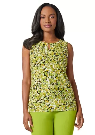 Petite Multi Print Sleeveless Pleat Neck Knit Top with Hardware