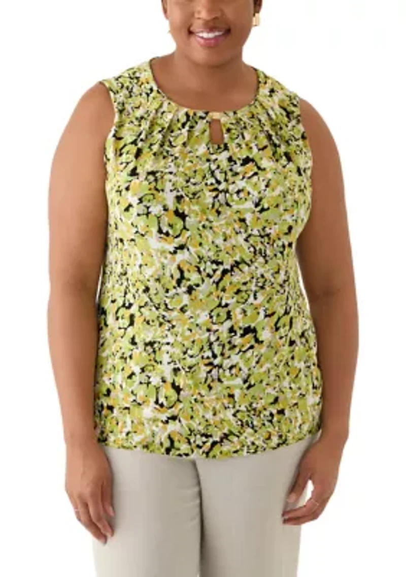 Plus Multi Print Sleeveless Pleat Neck Knit Top with Hardware