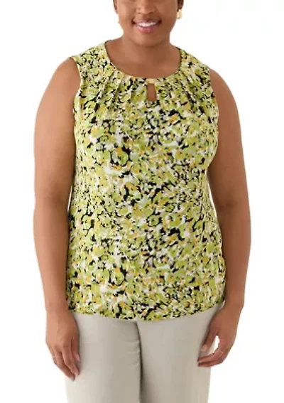 Plus Multi Print Sleeveless Pleat Neck Knit Top with Hardware