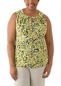 Plus Multi Print Sleeveless Pleat Neck Knit Top with Hardware