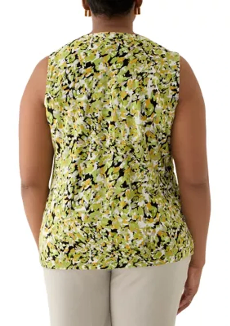 Plus Multi Print Sleeveless Pleat Neck Knit Top with Hardware