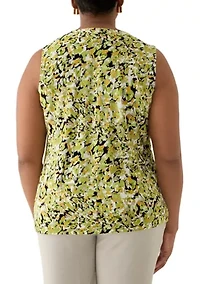 Plus Multi Print Sleeveless Pleat Neck Knit Top with Hardware