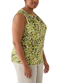 Plus Multi Print Sleeveless Pleat Neck Knit Top with Hardware