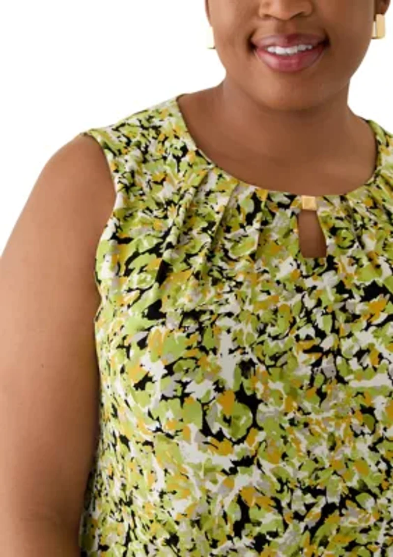 Plus Multi Print Sleeveless Pleat Neck Knit Top with Hardware