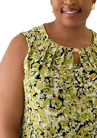 Plus Multi Print Sleeveless Pleat Neck Knit Top with Hardware