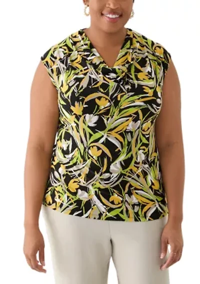 Plus Brushstroke Floral Print Sleeveless Cowl Neck Top