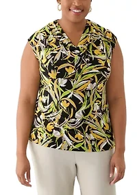 Plus Brushstroke Floral Print Sleeveless Cowl Neck Top