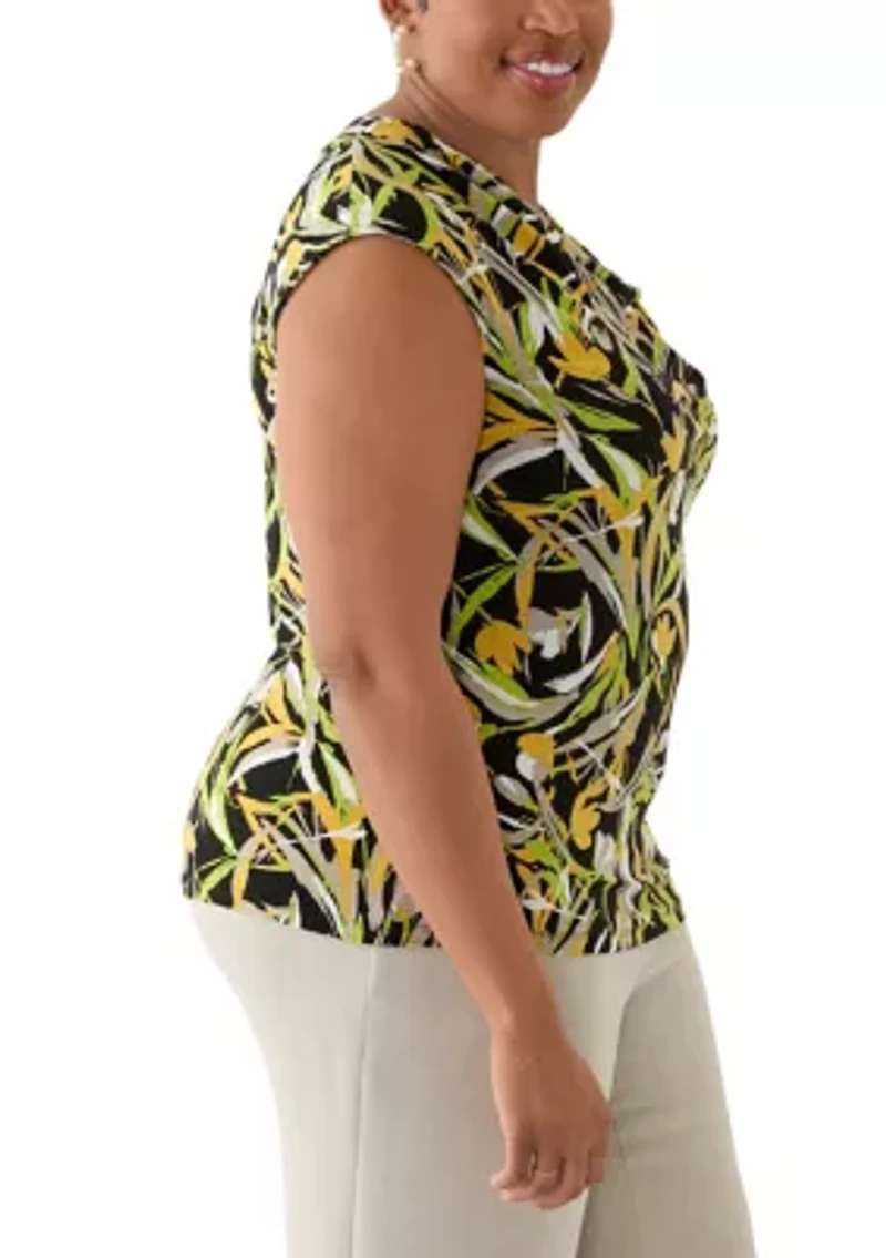 Plus Brushstroke Floral Print Sleeveless Cowl Neck Top
