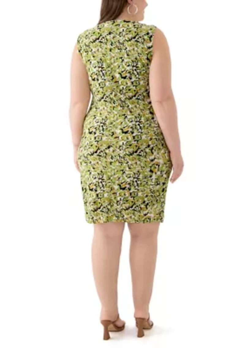 Plus Multi Print Sleeveless Wrap Dress with Buckle