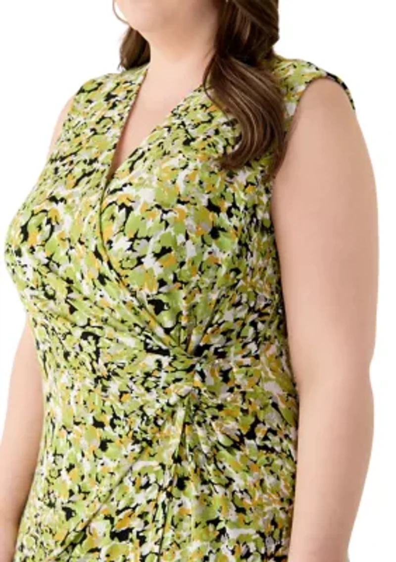 Plus Multi Print Sleeveless Wrap Dress with Buckle