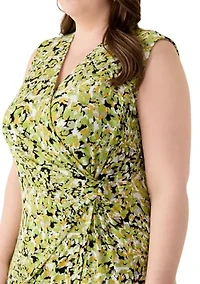 Plus Multi Print Sleeveless Wrap Dress with Buckle
