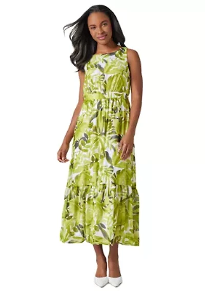 Petite Palm Print Sleeveless Dress