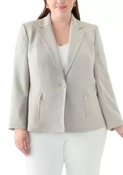 Plus Pebble Crepe One Button Jacket with Zip Pockets