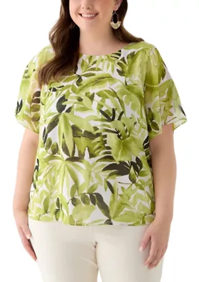 Plus Palm Print Flare Short Sleeve Blouse