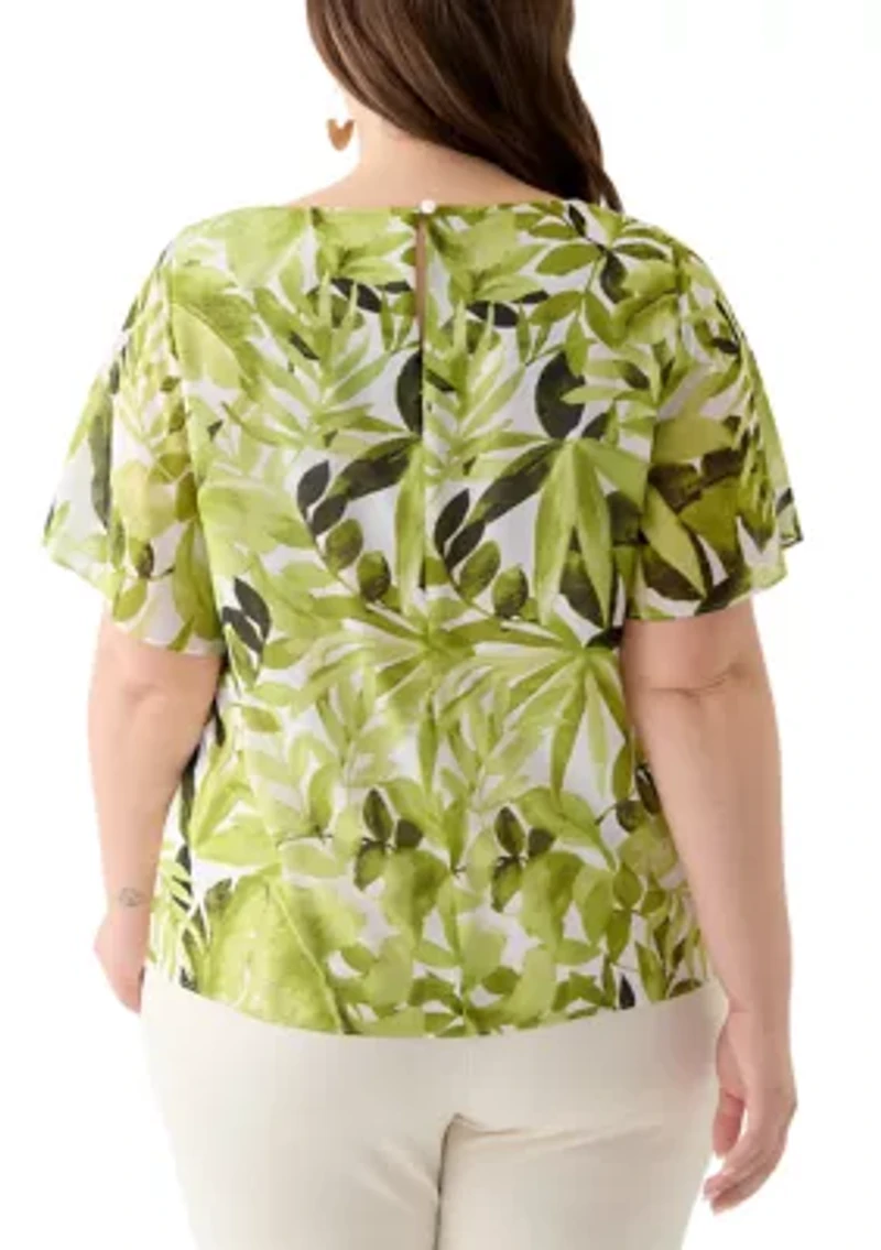 Plus Palm Print Flare Short Sleeve Blouse
