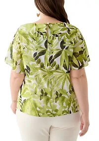 Plus Palm Print Flare Short Sleeve Blouse