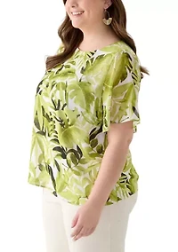 Plus Palm Print Flare Short Sleeve Blouse
