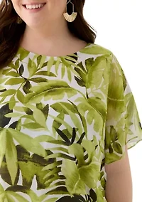 Plus Palm Print Flare Short Sleeve Blouse