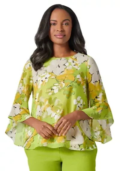 Sketch Floral Print Ruffle Sleeve Blouse
