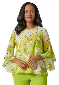Sketch Floral Print Ruffle Sleeve Blouse