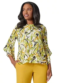 Women's Brushstroke Floral Print Ruffle Sleeve Blouse