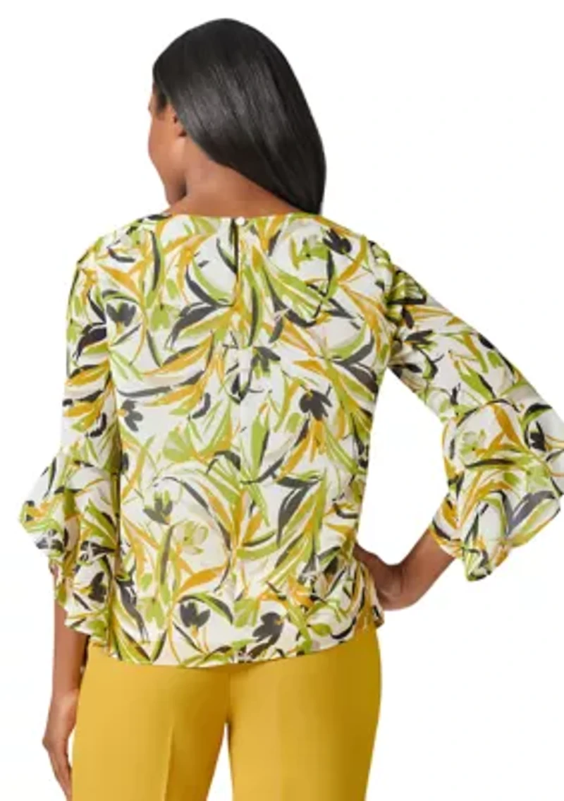 Women's Brushstroke Floral Print Ruffle Sleeve Blouse
