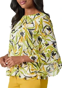 Women's Brushstroke Floral Print Ruffle Sleeve Blouse