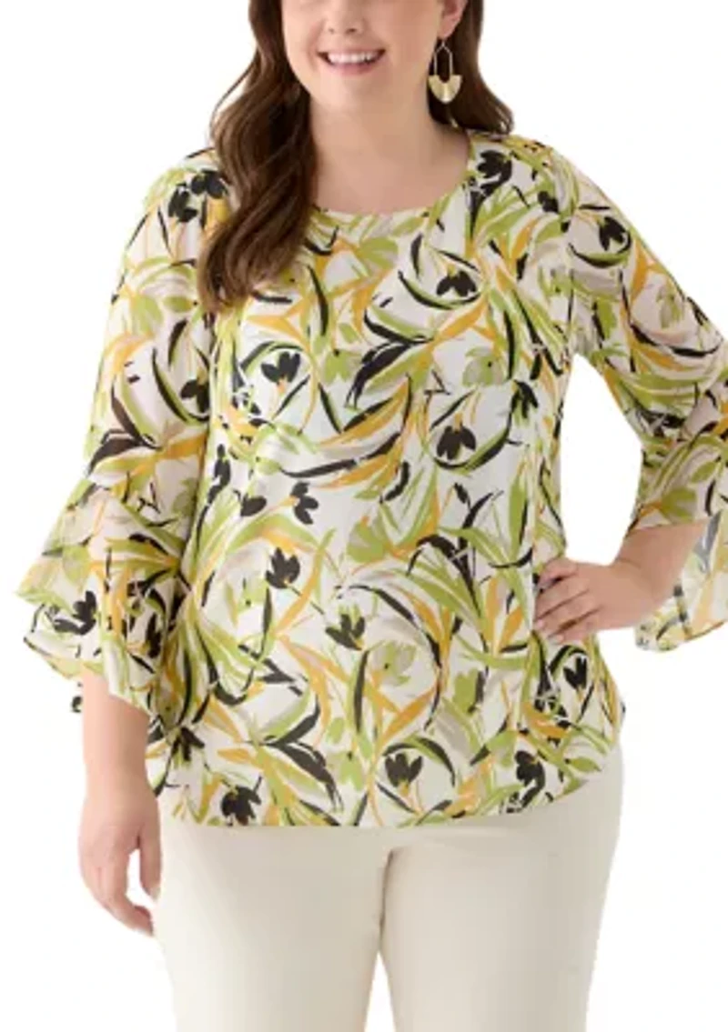 Plus Brushstroke Floral Print Ruffle Sleeve Blouse