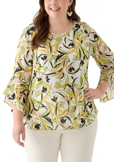 Plus Brushstroke Floral Print Ruffle Sleeve Blouse