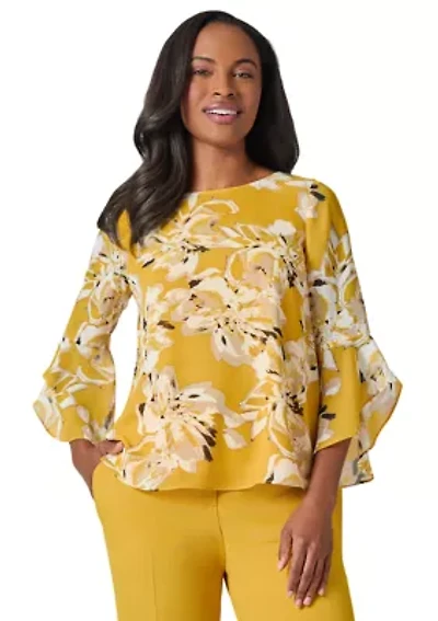 Women's Floral Print Ruffle Sleeve Blouse