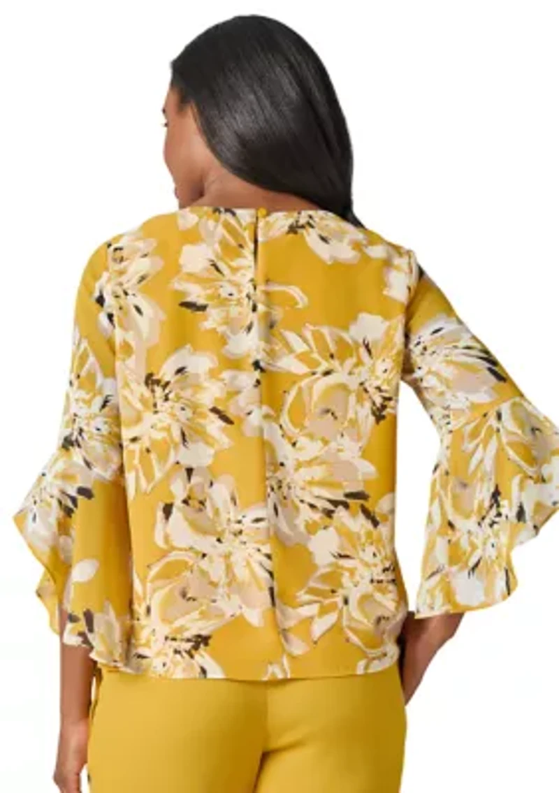 Women's Floral Print Ruffle Sleeve Blouse