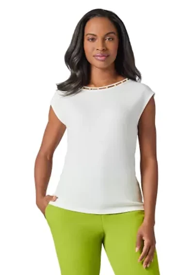 Women's Beaded Neck Cap Sleeve Top