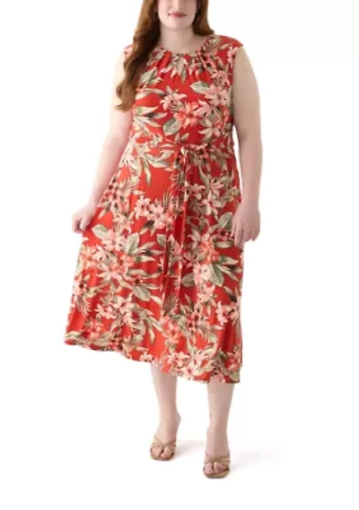 Plus Tropical Floral Print Pleat Neck Knit Dress