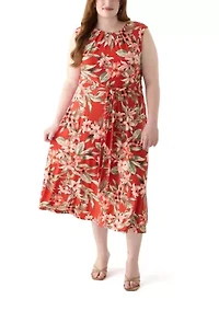 Plus Tropical Floral Print Pleat Neck Knit Dress
