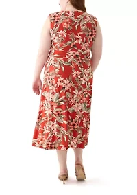 Plus Tropical Floral Print Pleat Neck Knit Dress