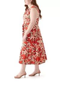 Plus Tropical Floral Print Pleat Neck Knit Dress