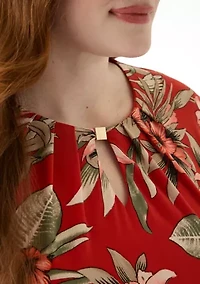 Plus Tropical Floral Print Pleat Neck Knit Dress