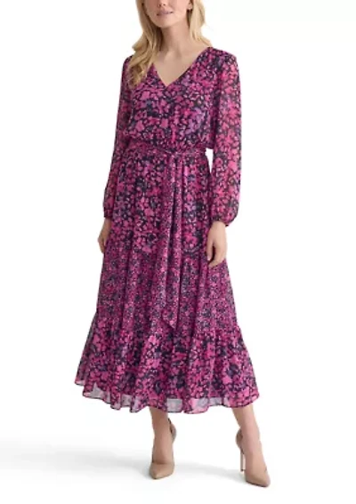 Women's Mini Floral Printed Long Sleeve Tiered Dress