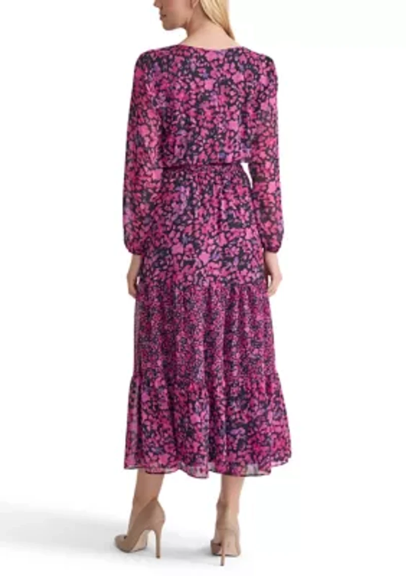 Women's Mini Floral Printed Long Sleeve Tiered Dress