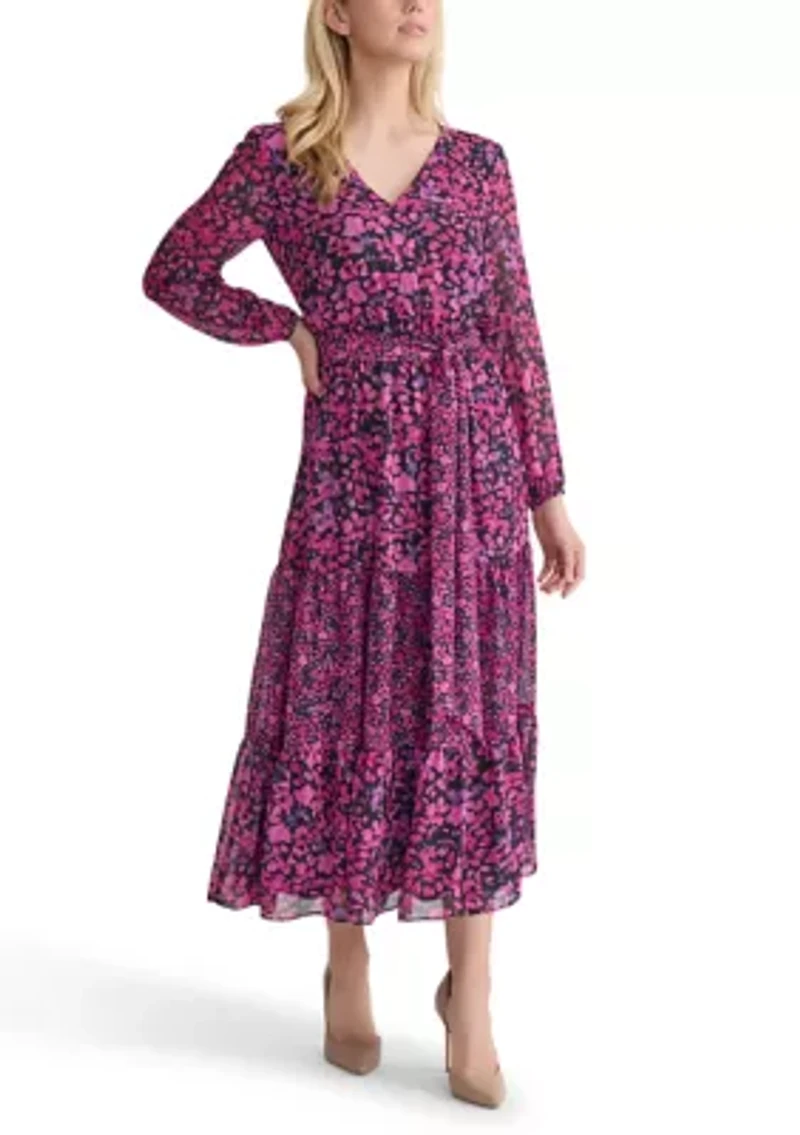 Women's Mini Floral Printed Long Sleeve Tiered Dress